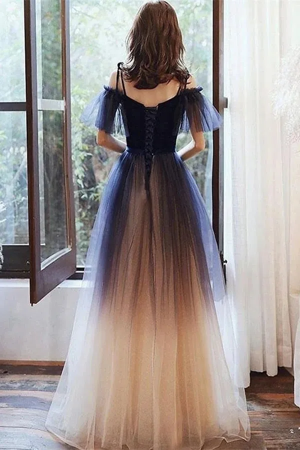 Uniquedresss Ombre Tulle Short Sleeves Long Prom Dress, Princess Evening Dress UQP0015