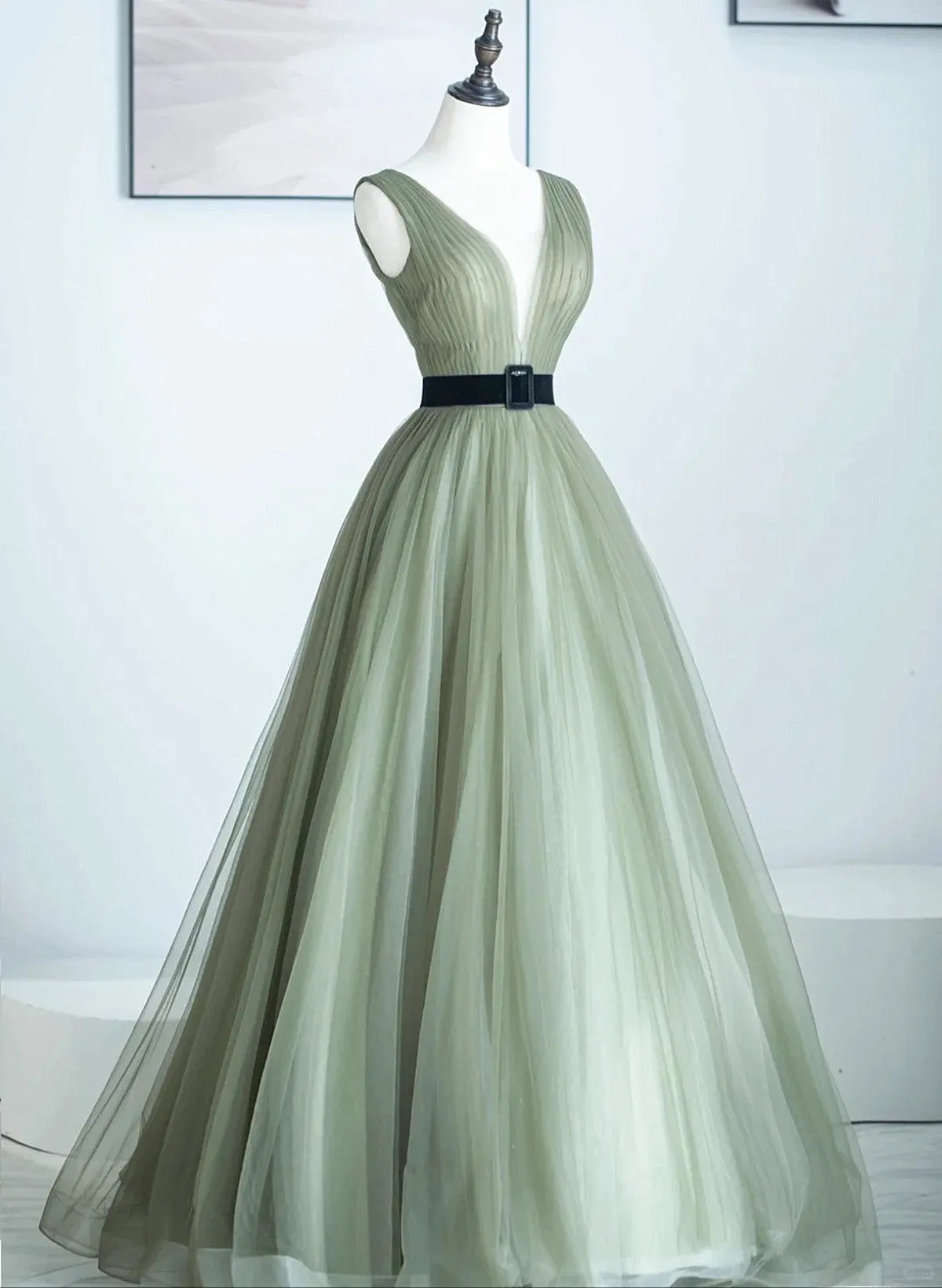 Uniwim 2024 Light Green A-line Tulle V-neckline Long Formal Dress, A-line Floor Length Prom Dress