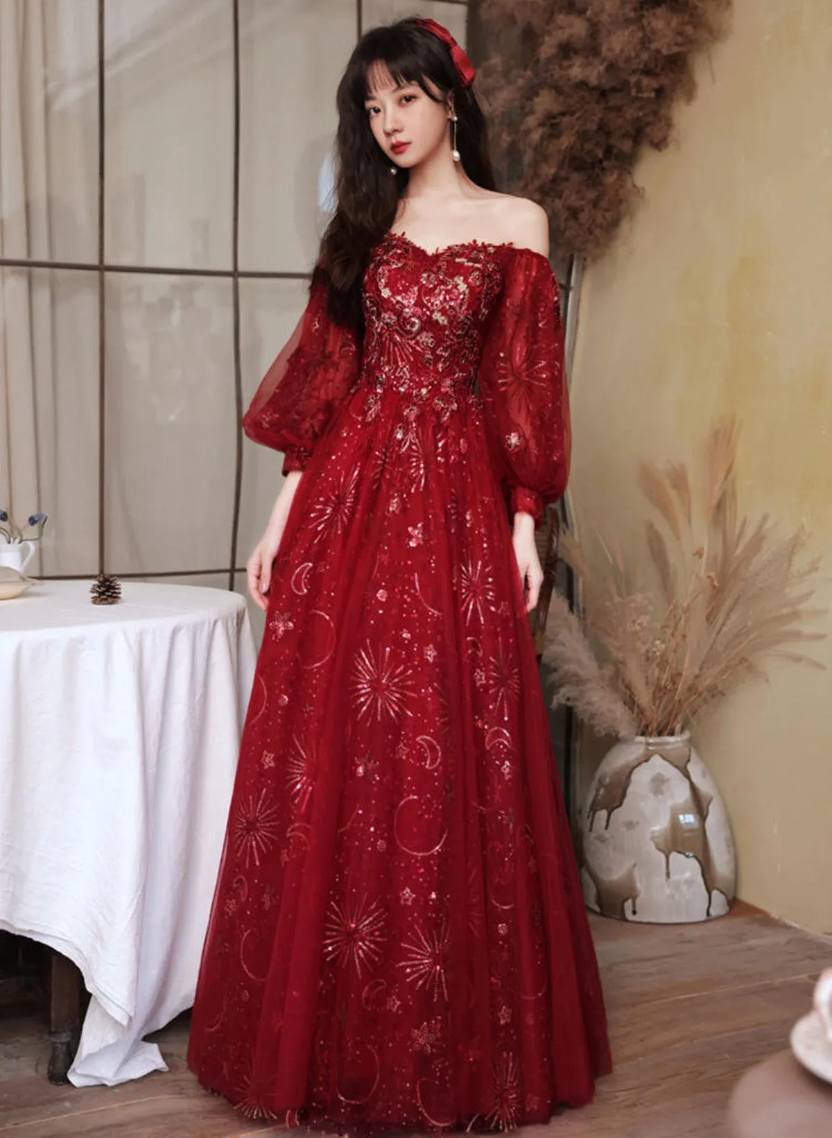 Uniwim 2024 Wine Red Tulle Shiny Tulle Puffy Sleeves Prom Dress, Wine Red Long Party Dress