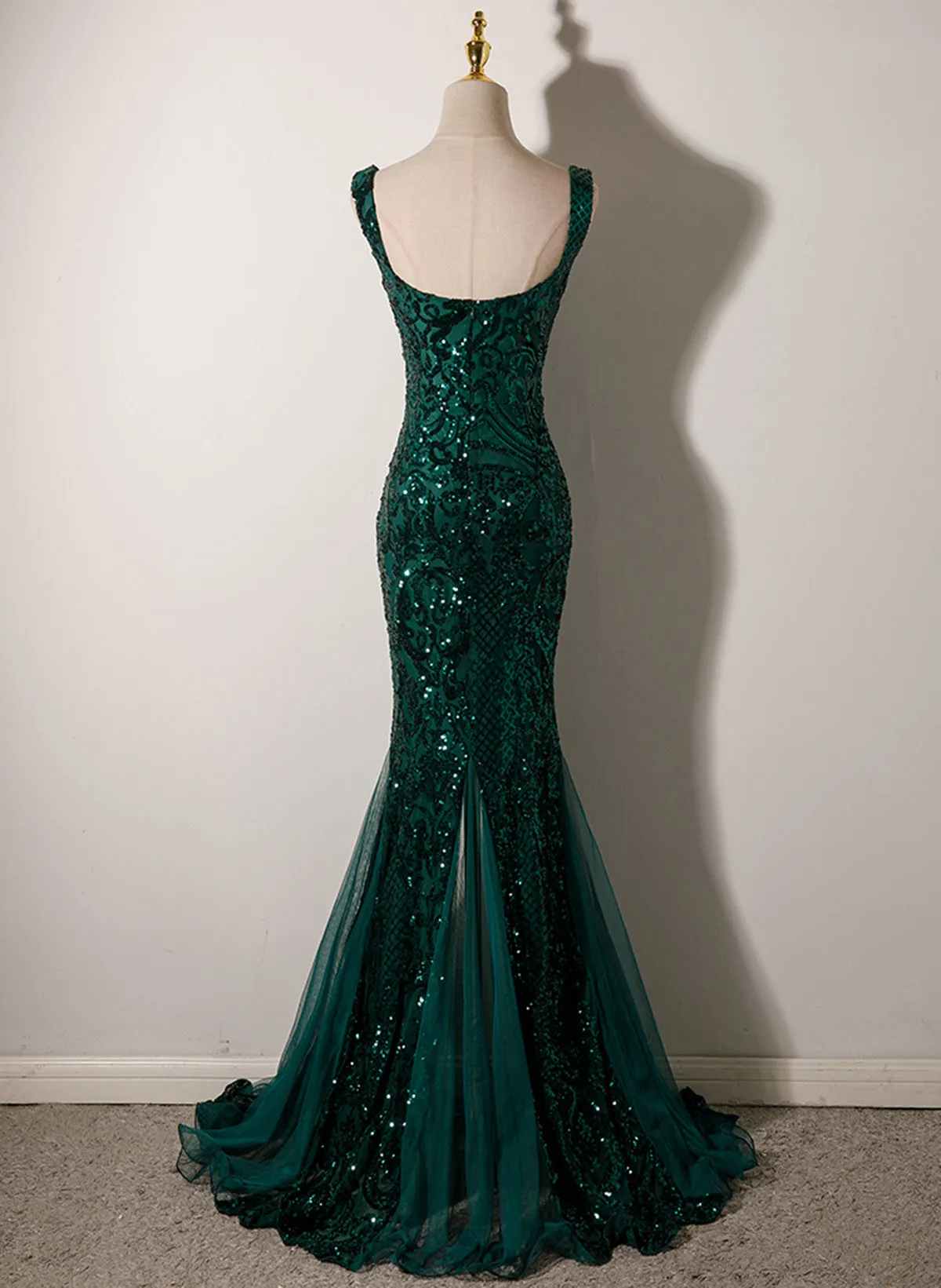 Uniwim Green Mermaid Long Straps Sequins Long Prom Dress, Green Mermaid Evening Dress