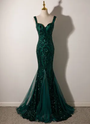 Uniwim Green Mermaid Long Straps Sequins Long Prom Dress, Green Mermaid Evening Dress