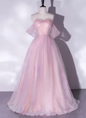 Uniwim Pink Tulle and Sequins Sweetheart Long Party Dress, A-line Pink Prom Dress