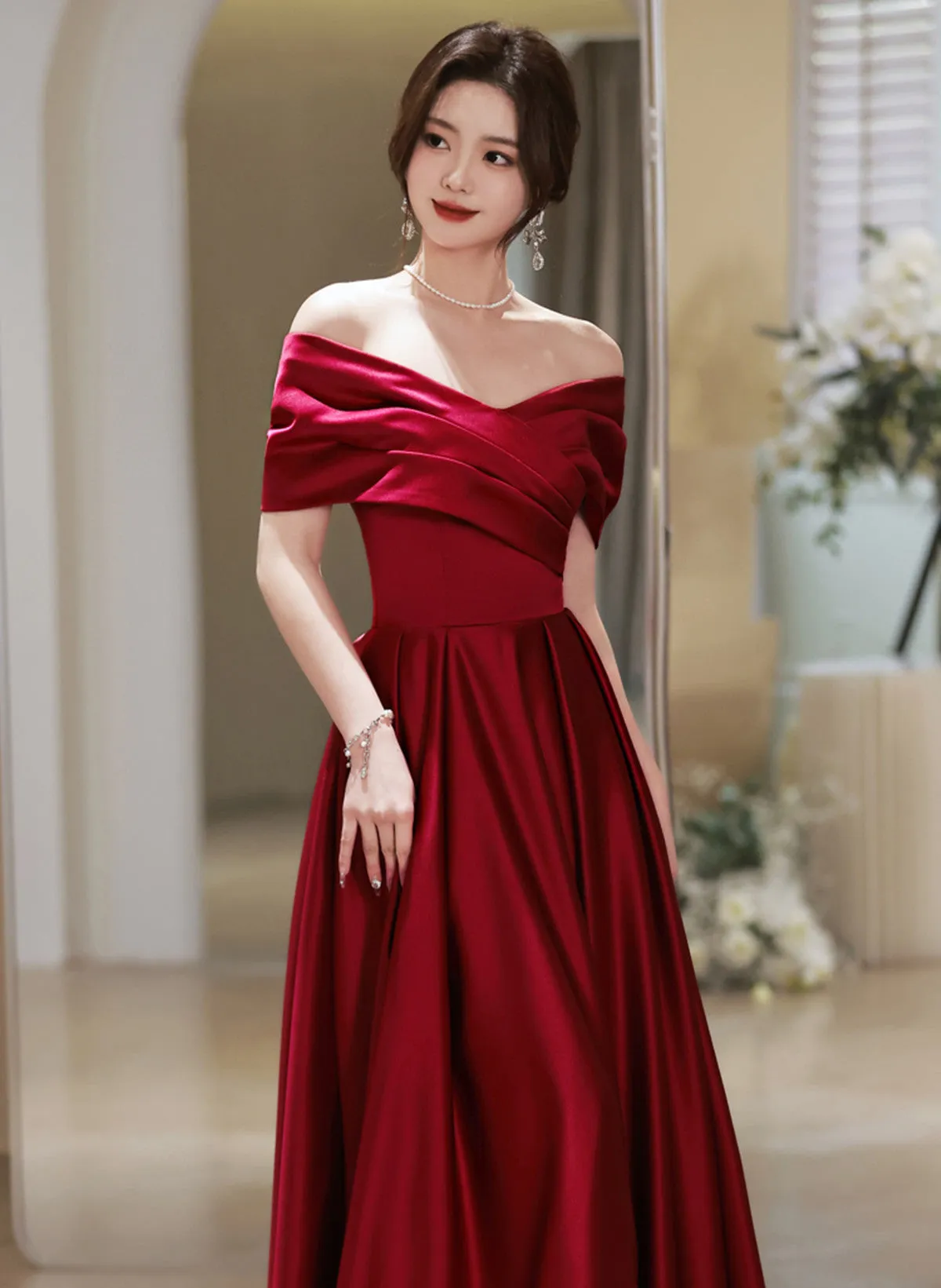 Uniwim Wine Red Satin A-line Off Shoulder Long Party Dress, Wine Red Simple Prom Dress