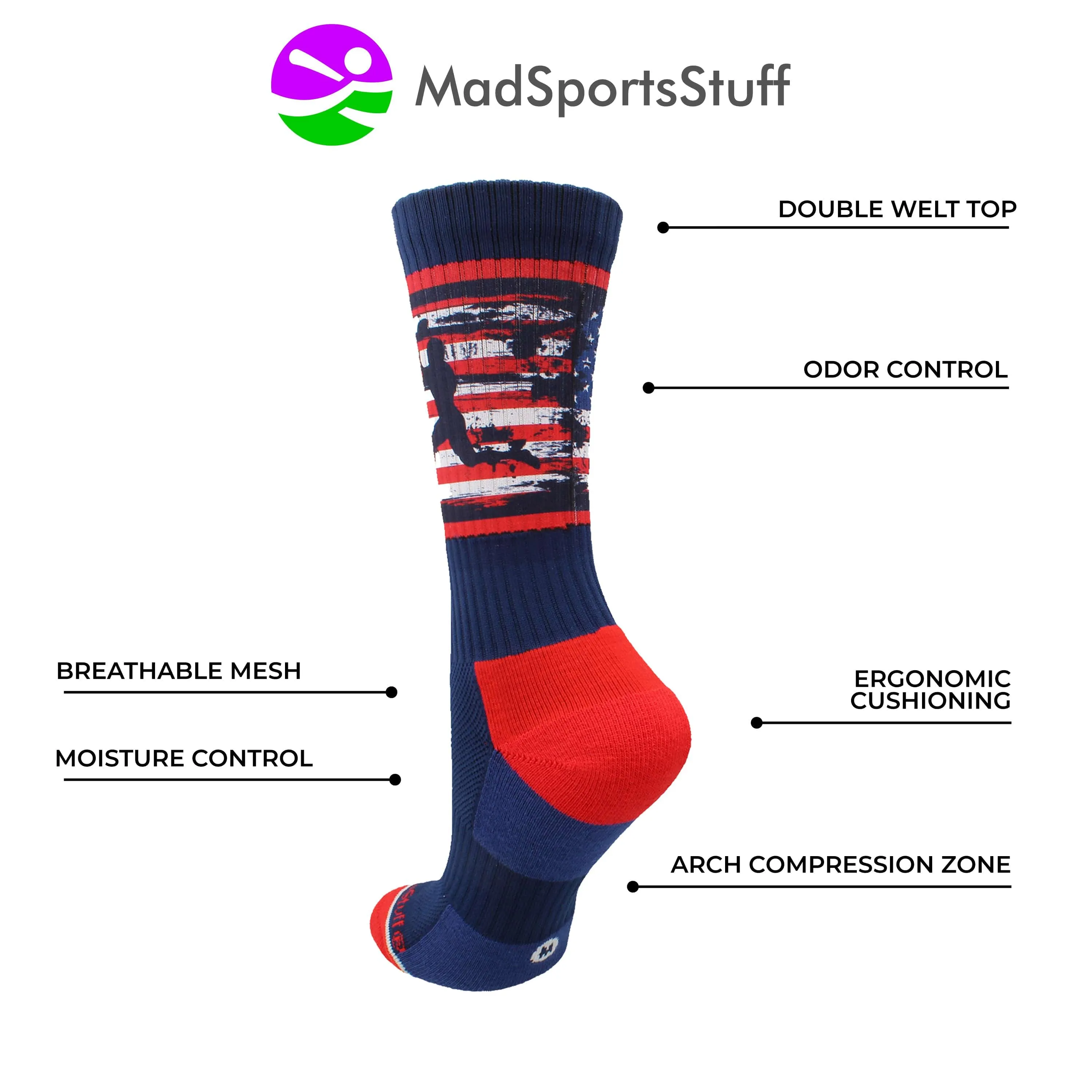 USA Football Socks with American Flag and Player Crew length