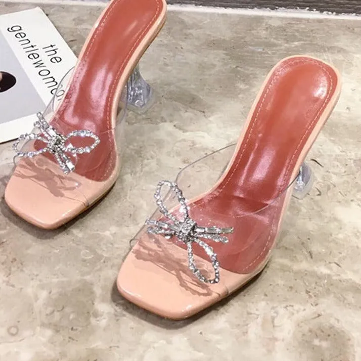 Wenkouban PVC Transparent Crystal Sun Flowers Buckle Womens Slippers Summer Square Toe Ladies Strange High Heels Sandals Shoes