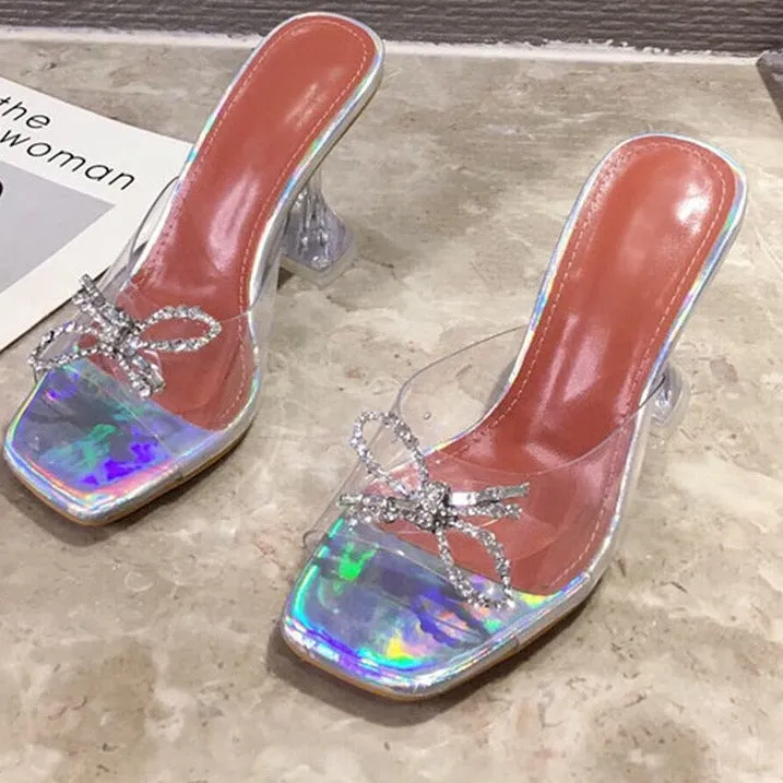 Wenkouban PVC Transparent Crystal Sun Flowers Buckle Womens Slippers Summer Square Toe Ladies Strange High Heels Sandals Shoes