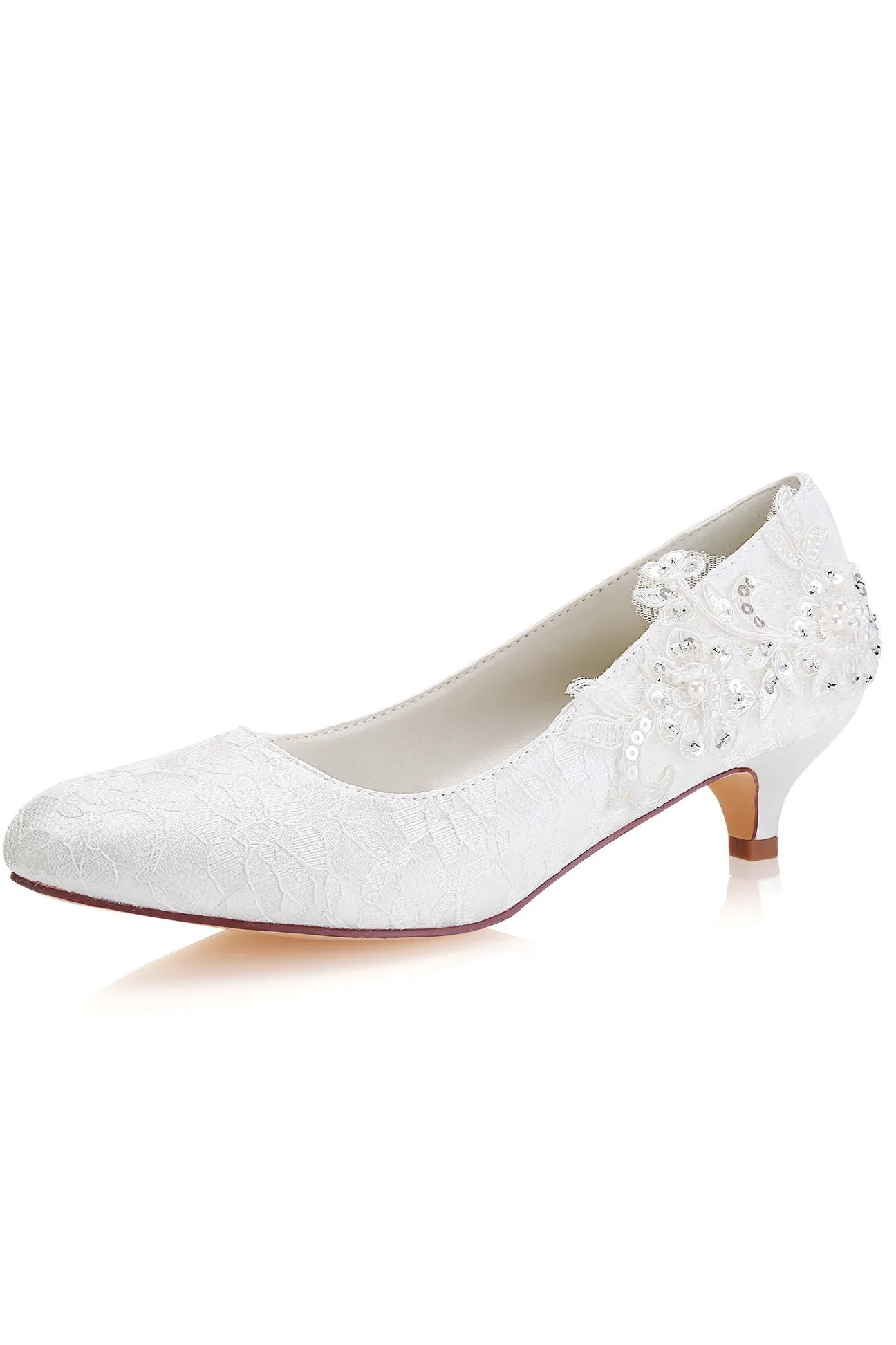 White Lace Sequins Wedding Shoes Lower heel Evening Shoes uk L-923