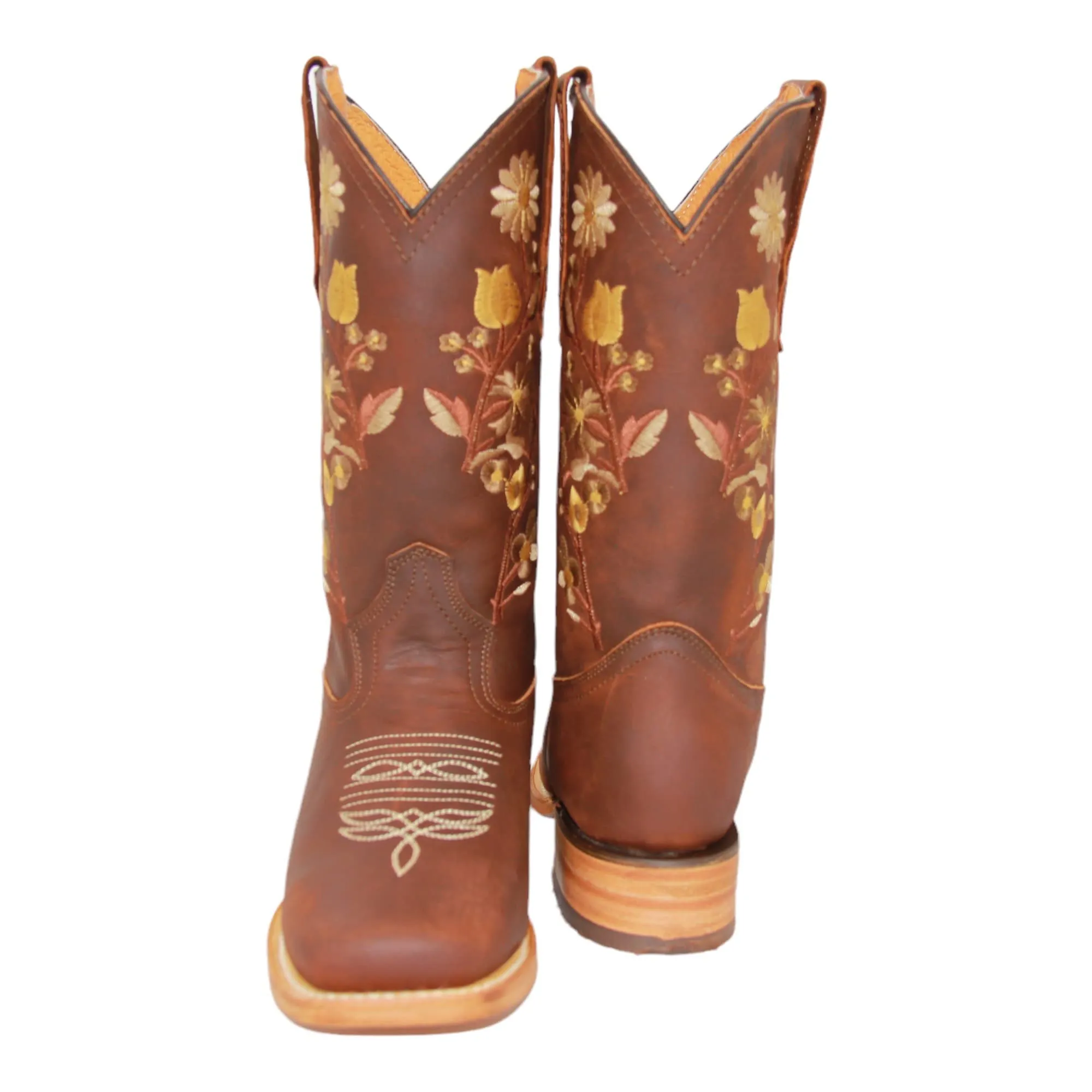 Women’s Brown Leather Floral Square Toe Western Boot