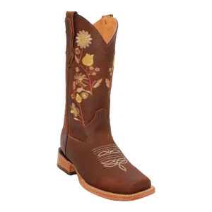 Women’s Brown Leather Floral Square Toe Western Boot