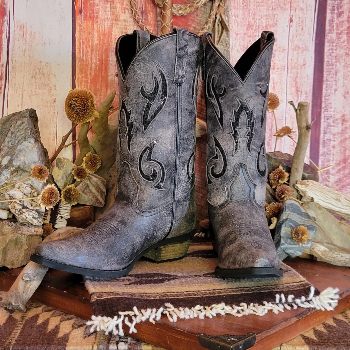 Women's Distressed Black Leather Boots by Rawhide   5130