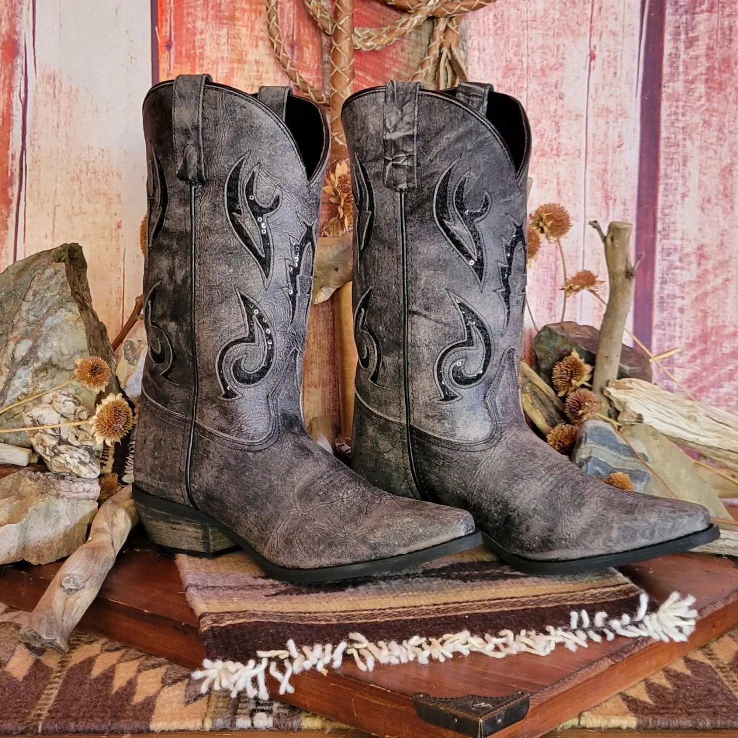 Women's Distressed Black Leather Boots by Rawhide   5130