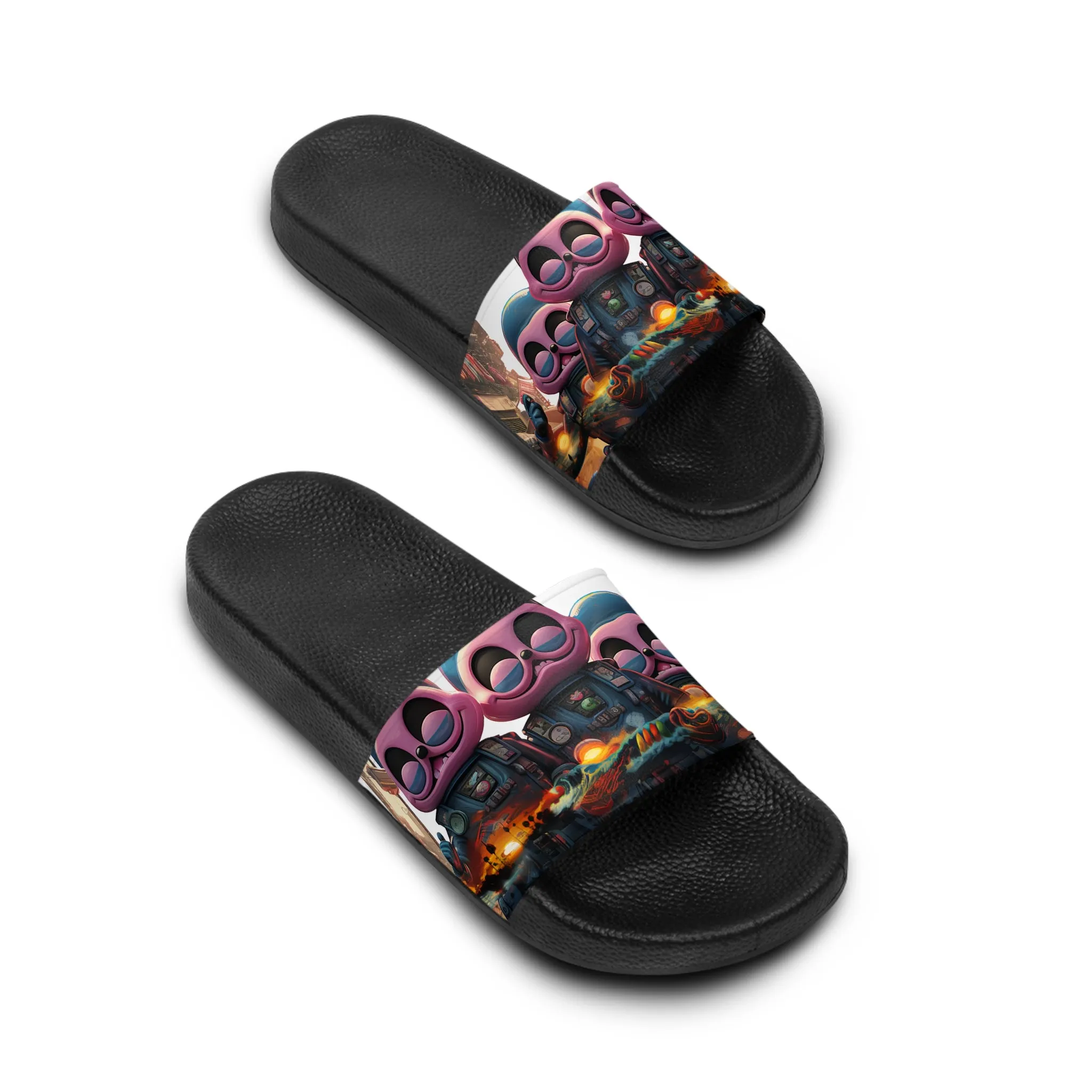 Women's Slide Sandals Pink Elephant Aliens in City Carrying the Beach Psychedelic 001