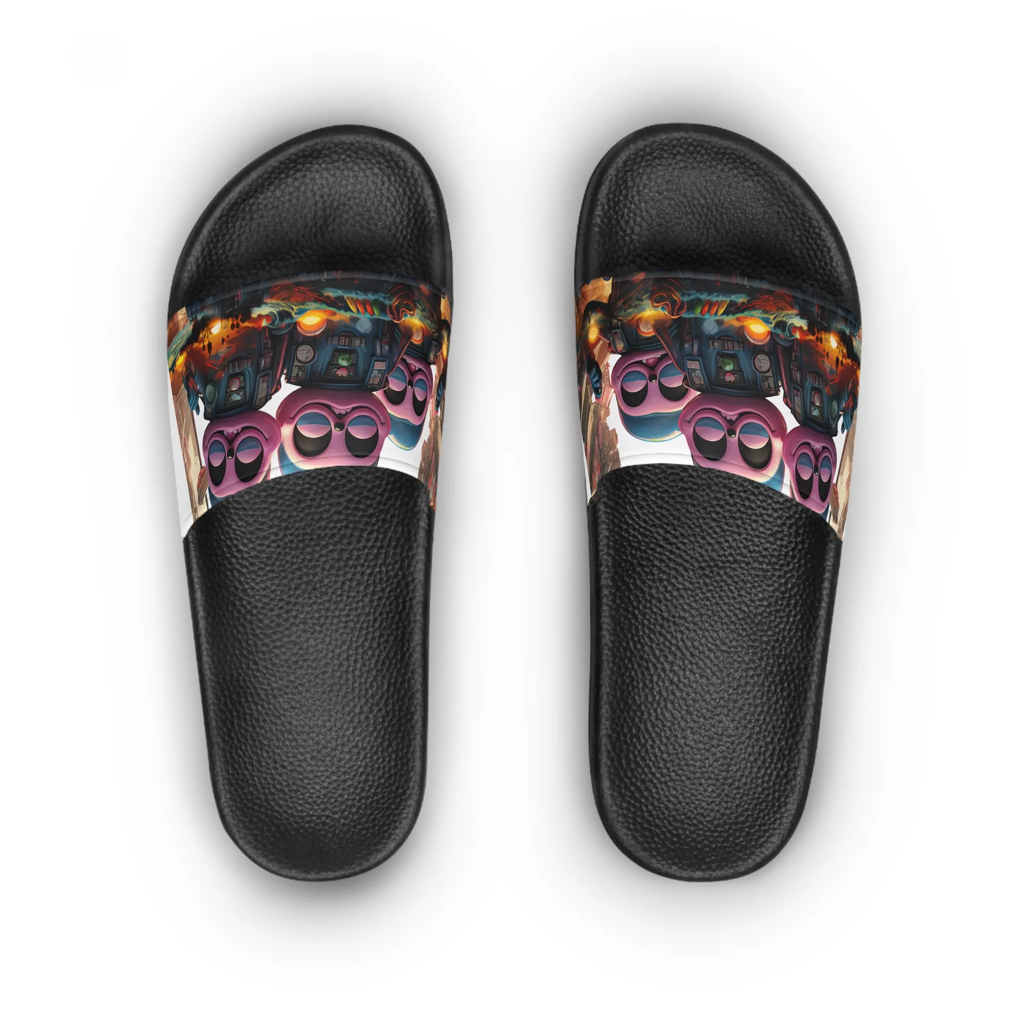 Women's Slide Sandals Pink Elephant Aliens in City Carrying the Beach Psychedelic 001